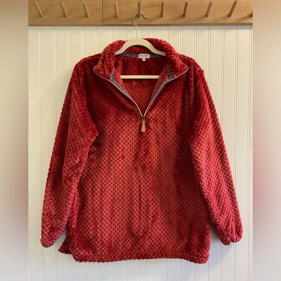 Jenny Boston Quarter Zip Pullover Ultra Soft Fleece Faux Fur Burgundy Hygge M - Picture 1 of 6